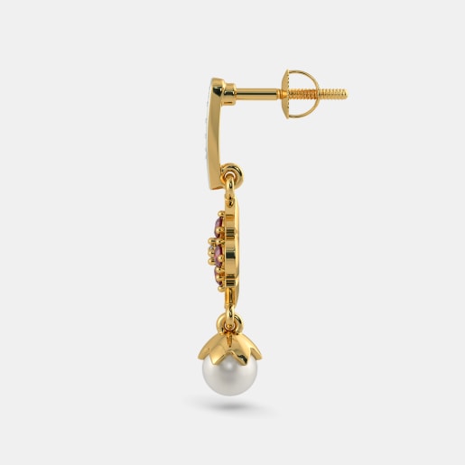 Diamond , Ruby And White Pearl Earring In Yellow Gold (2.9 Gram) With Diamonds (0.086 Ct)